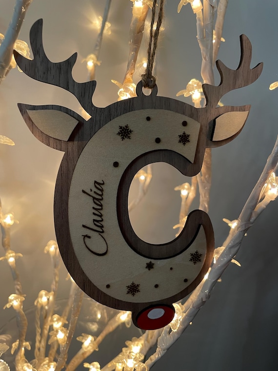 Handmade Christmas Decoration - Wooden Reindeer - Personalized Name and Initials - Tree Bauble - Gift Idea