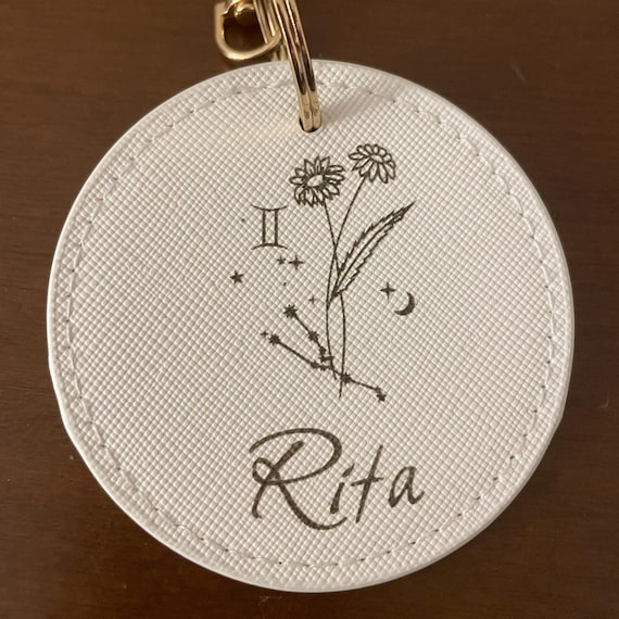 Round Personalized Keychain – Faux Leather – Name & Zodiac Sign