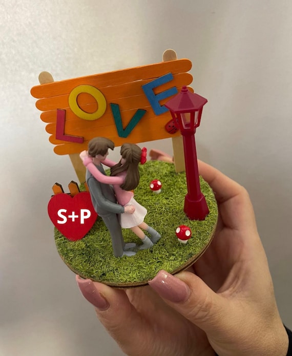 Mini handcrafted Love landscape, customizable with initials (couple gift idea)