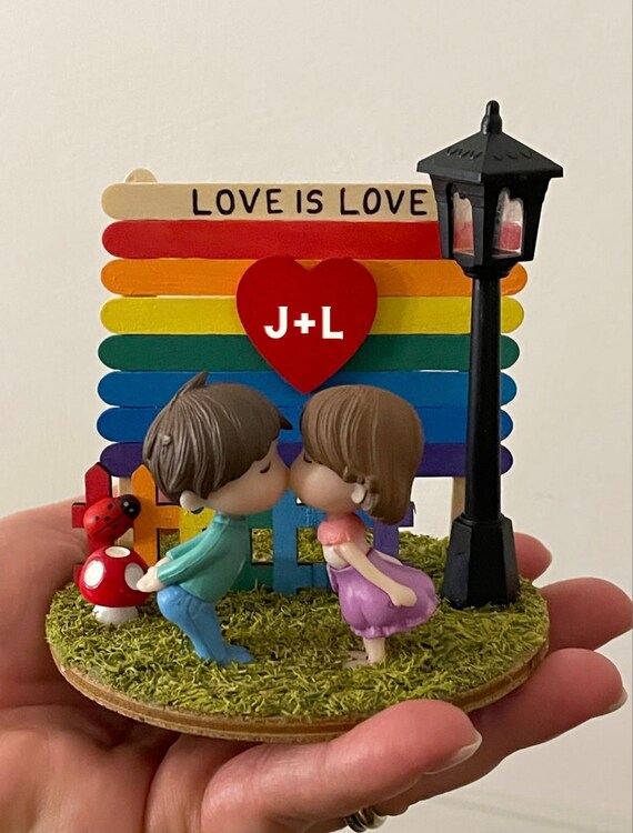 Mini handcrafted Pride landscape, Love is Love, customizable with initials (Pride month gift idea)