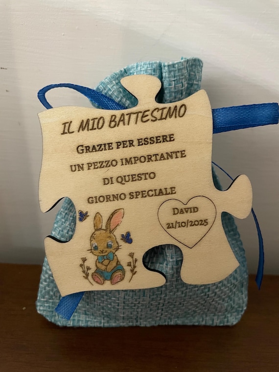 Baptism Favors - Wooden Puzzle Magnets - Bunny/Bunny (Bag)
