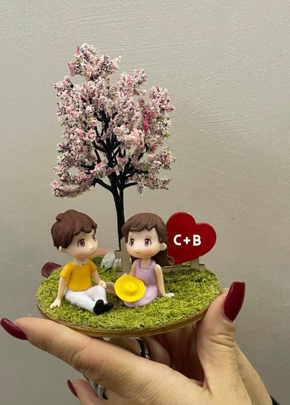 Mini handcrafted landscape with cherry tree customizable with initials (Valentine's Day gift idea)