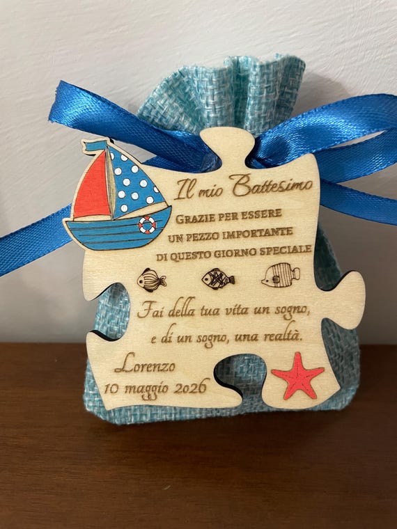 Baptism Favors - Wooden Puzzle Magnets - Baby Boat (Bag)