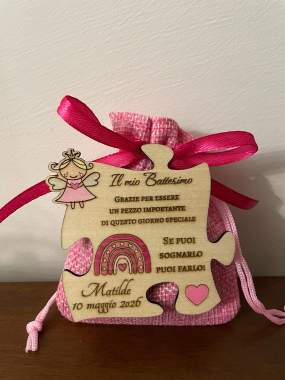 Bomboniere per Battesimo - Calamite Puzzle in Legno -Fatina e Arcobaleno (sacchetto)