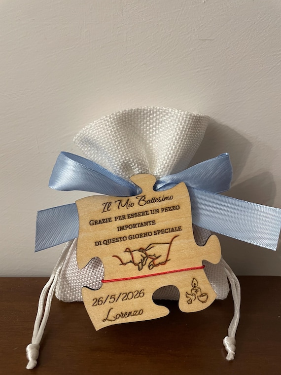 Baptism Favor with Red String of Destiny | Personalized Wooden Puzzle with Name and Date | Keepsake for Guests
