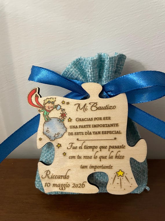 Personalized Bautizo Record | Details for Invites with Name and Date | Imán de Madera El Principito
