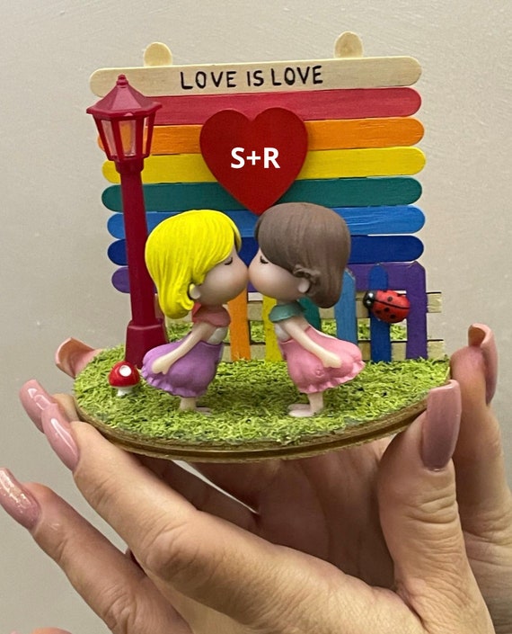 Mini handcrafted Pride landscape, Love is Love, customizable with initials (Pride month gift idea)