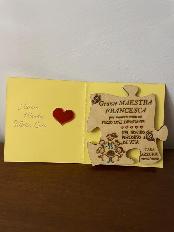 Kindergarten Teacher Puzzle Piece Magnet – Personalized Wood with Dedication + Card and Bow