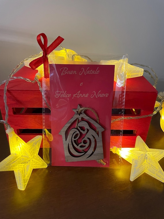 Wooden Nativity Scene – Tree Decoration with Red Card and Bow – Christmas Gift Idea