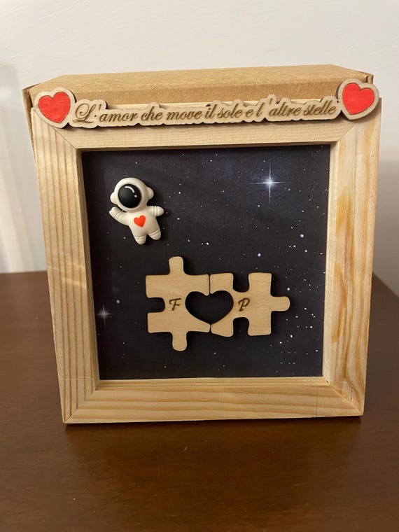 Personalized 3D frame with initials | Heart puzzle | Space-themed astronaut | Valentine's Day gift for couples