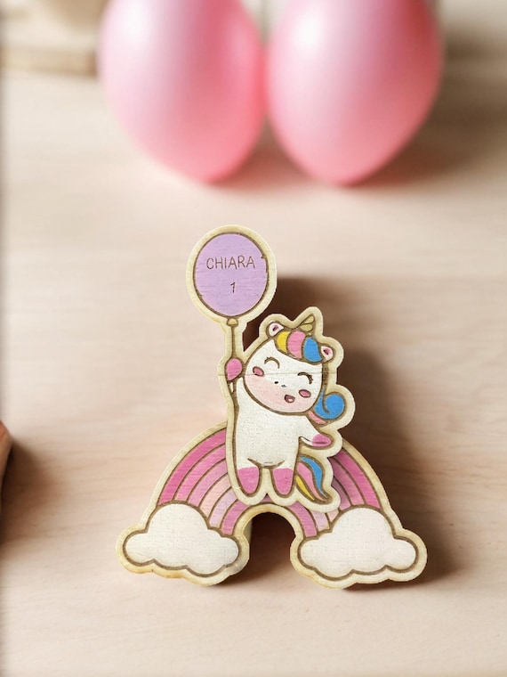Girl's first birthday favors - Personalized unicorn themed wooden magnets
