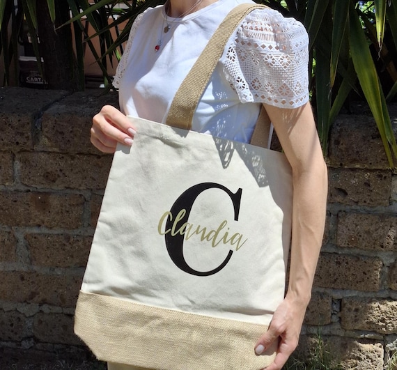 Jute and canvas beach bag (customizable with names and initials)