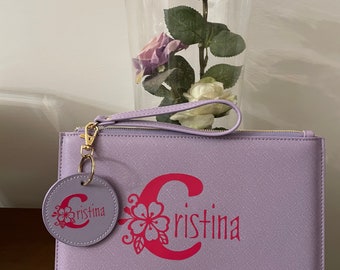 Cadeauset - handtasje + sleutelhanger van ecoleer, personaliseerbaar met naam en kersenbloesem