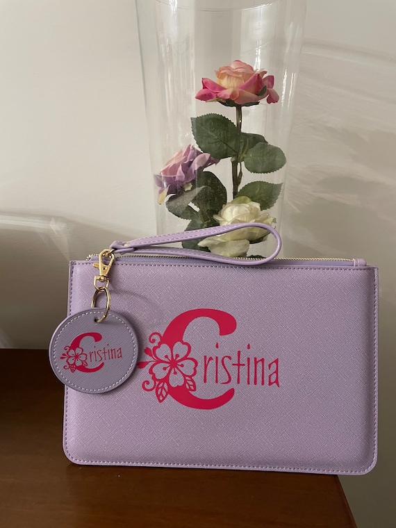 Gift set - clutch bag + eco-leather key ring customizable with name and cherry blossom