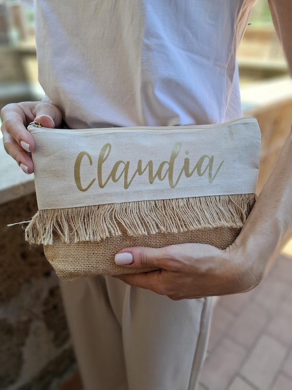Beauty case with fringes in jute and canvas (customizable with name)