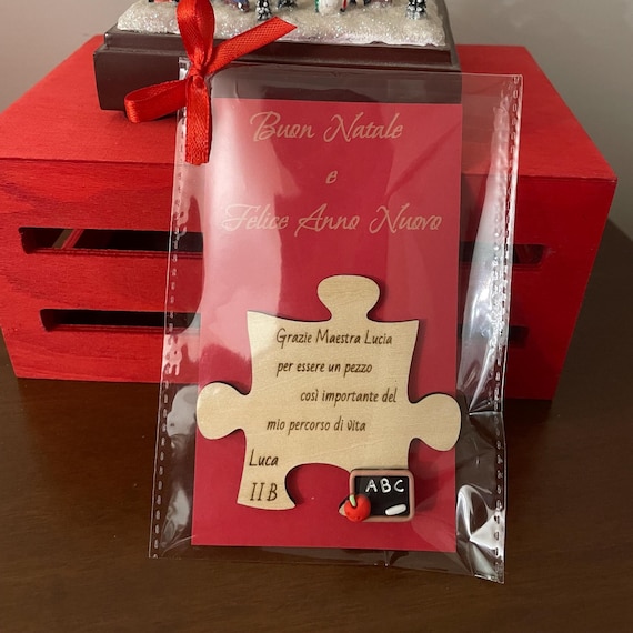 Teacher Puzzle Piece Magnet – Personalized Wood with Dedication + Red Card and Bow