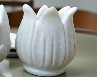 Hand Carved Floral Marble Tealight Holder - Makrana White Stone