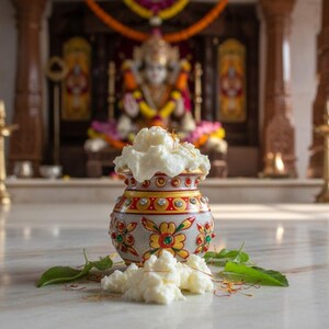 May include: A decorated pot filled with white food, possibly a dairy product, sits on a marble surface. The pot is adorned with red, yellow, and green floral patterns. Green leaves and saffron strands are arranged around the pot, with a blurred temple background.