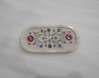 Marble Inlay Tray: Handmade Gemstone Floral Decor (12x6 Inch)