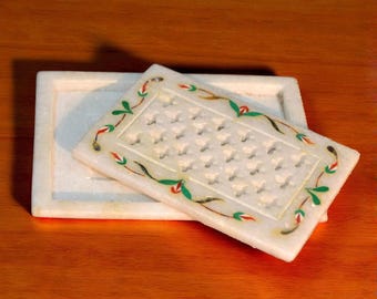 Handmade Marble Inlay Soap Dish – Rectangular Natural Stone Bathroom Accessory with Floral Design