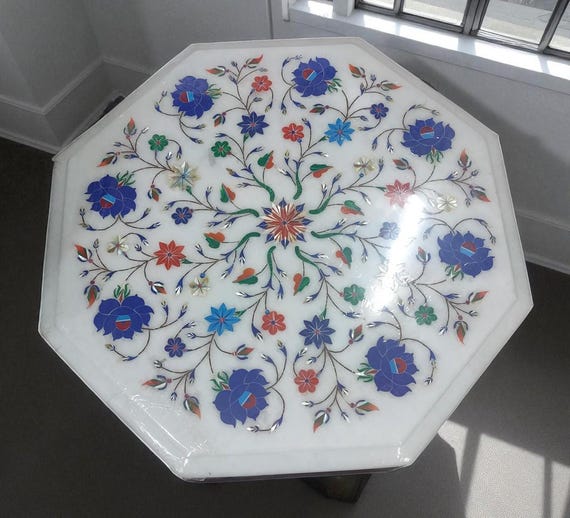 Handmade Makrana Marble Inlay Table Top: Octagonal Floral Coffee Table (15x15 inch)