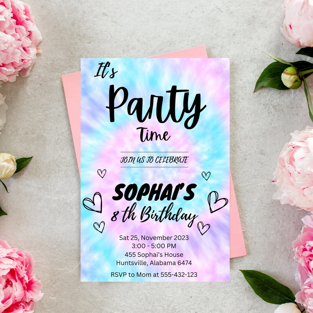 Tie Dye Birthday Invitation Template Canva Template Birthday Etsy