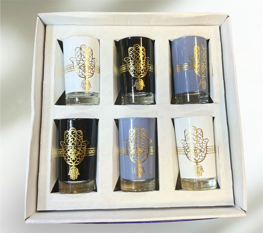 Set of 6 Vintage Moroccan Tea Glasses, Multidesign Handcrafted Style