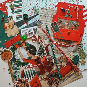 Christmas Junk Journal Kit, Christmas Craft Kit, Over 65 Items, Traditional Christmas Color Crafting Kit, Junk Journal kit, Christmas Cards
