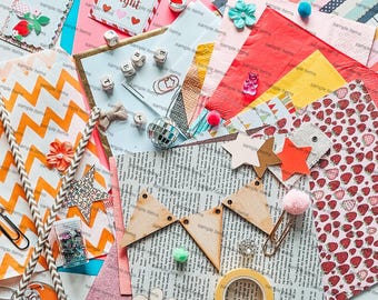 100+ NEW Items Junk Journal Mystery Kit, Grab Bag- for scrapbooking, card making, crafting, junk journals, planners and more.
