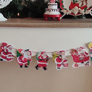 Handmade Vintage Retro Style Christmas Kitsch Banner, Holiday Die Cut, Santa Christmas Banner Bunting, Santa Claus Garland