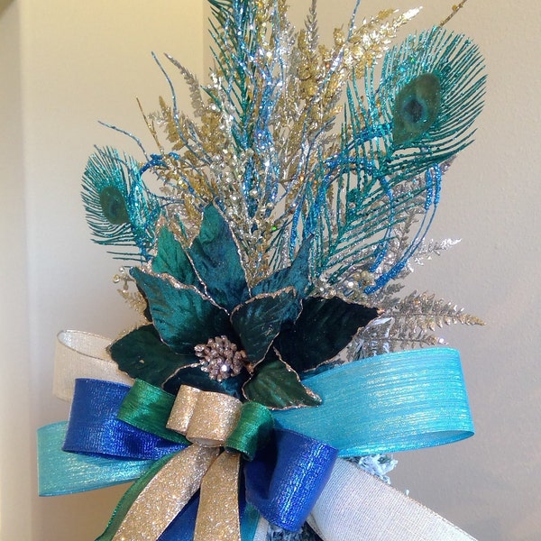 Topper de árbol de Navidad de pavo real, azul, topper de árbol de Poinsettia verde, topper de árbol XL, topper de árbol de invierno, topper de árbol elegante de plumas de pavo real
