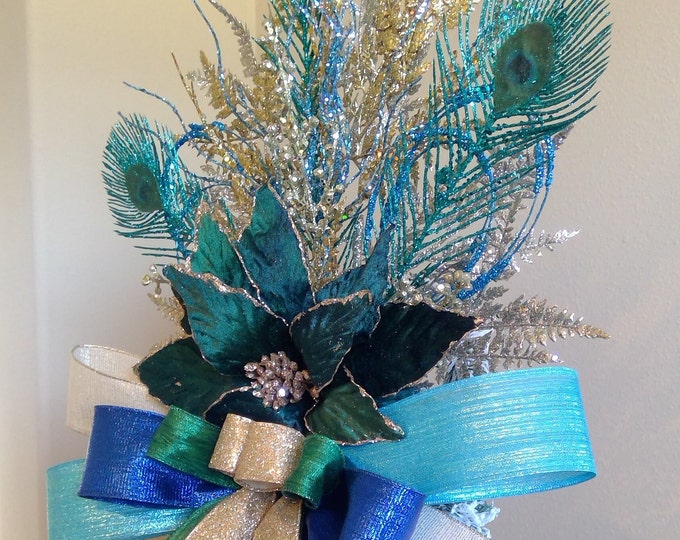 Peacock Christmas Tree Topper, Blue, Green Poinsettia Tree Topper, XL