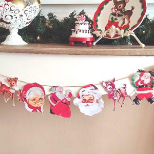 Handmade Vintage Retro Style Christmas Kitsch Banner, Holiday Die Cut, Christmas Banner Bunting, Santa Claus and Reindeer Garland