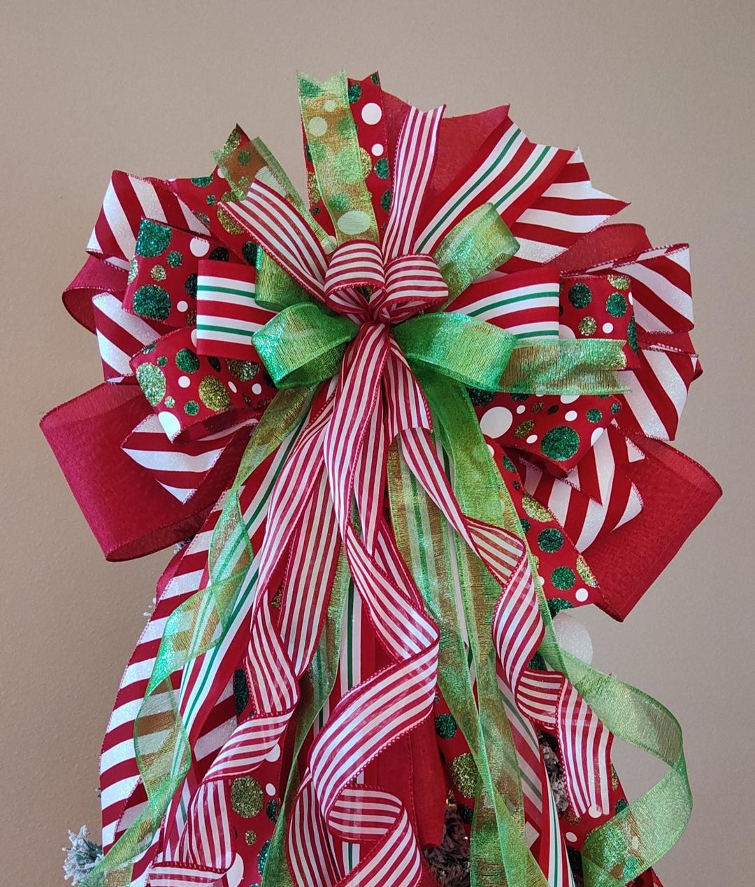 Christmas Tree Topper Bow, Monster Bow, Lime Green Bow Red Tree Topper ...