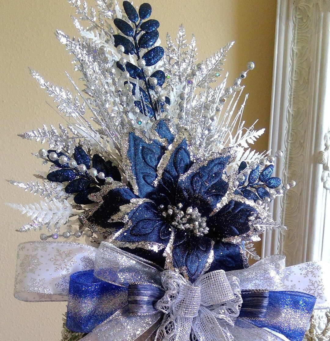 Silver Christmas Tree Topper Blue Poinsettia Tree Topper XL Etsy