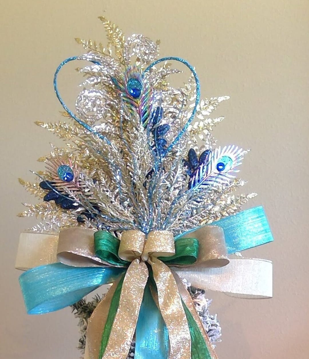 Peacock Christmas Tree Topper, Blue, Green Peacock Tree Topper, XL Tree Topper, Winter Tree