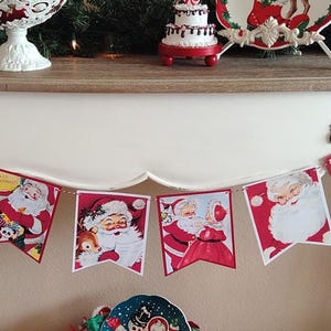 Handmade Vintage Retro Style Christmas Kitsch Banner, Holiday Die Cut, Santa Christmas Banner Bunting, Santa Claus Garland, Santa Reindeer