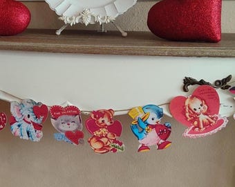 Handmade Vintage Retro Style Valentines Kitsch Banner, Die Cut, Puppy and Kitty Valentines Day Banner Bunting, Animals Garland 2