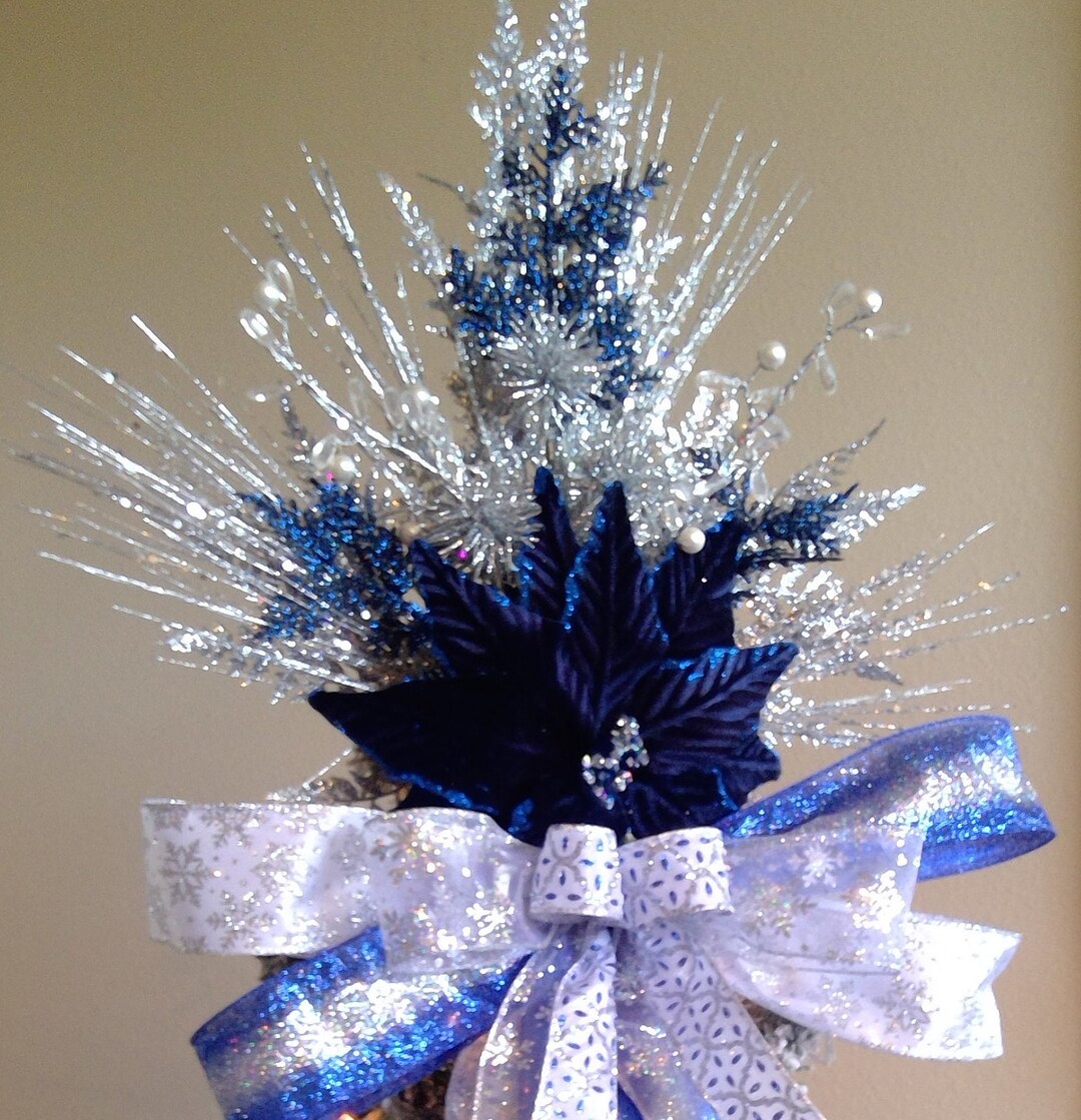 Silver Christmas Tree Topper Blue Poinsettia Tree Topper XL Etsy