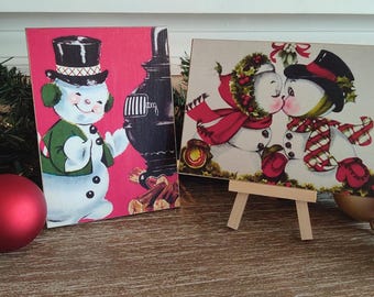 Handmade Vintage Retro Style Snowman Wood Decor Plaque, Christmas Kitsch Signs/Shelf Sitters, Snow people and Snowman Decoration Plaque