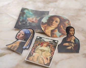 May include: Five vintage art print stickers featuring famous paintings. The stickers are printed on white paper and feature images of women in various poses. The stickers are perfect for adding a touch of art to your journals, laptops, or other belongings.
