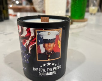 Military Photo -Personalized candle. Great gift to celebrate those who serve. Fresh Coastal Scent. Hand poured in small batches.