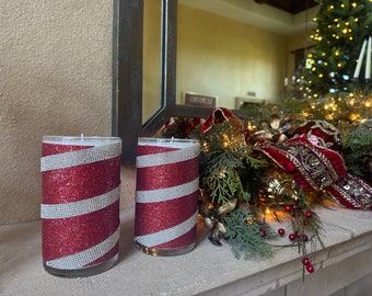 Candy Cane Pillar Candle - Sealed glitter, Christmas Scented Soy Wax.  45 oz (7.5 x 3.25). Upgrade to rhinestone stripe.
