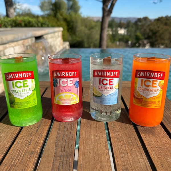 Smirnoff Ice 12.5 oz candle. Yummy Fruit Scent, Clear Gel Wax.  Handcut bottles, hand-poured colored wax. Inquire about other flavors.