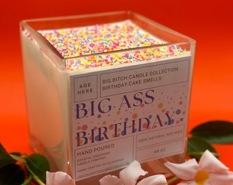 Big Ass Birthday Candle, soy, 48 oz, sprinkles, personalize, 3 wick, square candle, big bitch, hard to buy for, perfect gift, long lasting