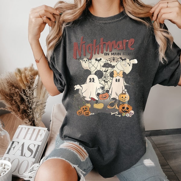 Vintage Mickey Minnie Halloween Comfort Color Shirt, Nightmare On The Main Street, Disney Halloween, Halloween Pumpkin, Retro Mickey Ghost