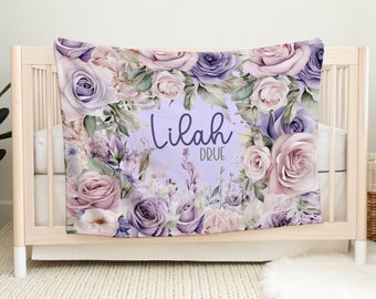 Mauve Floral Baby Blanket, Personalized Girl Baby Blanket, Custom Baby Blanket, Flower Baby Blanket, Baby Name Blanket, Baby Blanket