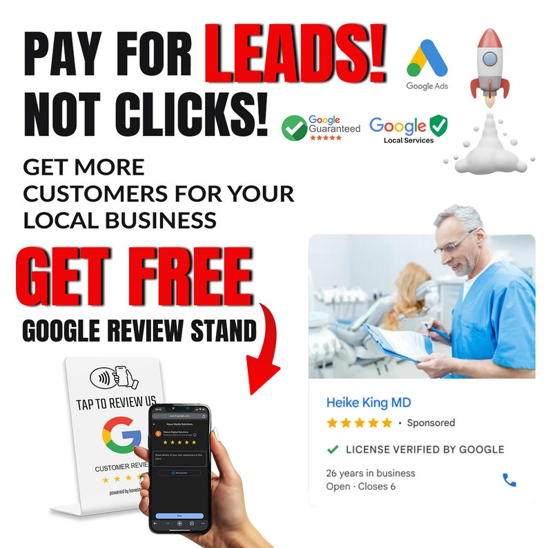 Puede incluir: Un anuncio que promociona Google Ads y Google Local Services. El texto dice: "&iexcl;PAGA POR LEADS! &iexcl;NO POR CLICS! OBT&Eacute;N M&Aacute;S CLIENTES PARA TU NEGOCIO LOCAL". Tambi&eacute;n promociona un "SOPORTE DE RESE&Ntilde;AS DE GOOGLE GRATUITO".