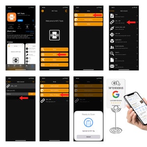 Puede incluir: Capturas de pantalla de una aplicaci&oacute;n m&oacute;vil llamada NFC Tools. La aplicaci&oacute;n permite a los usuarios escribir y leer etiquetas NFC. La aplicaci&oacute;n tiene un men&uacute; con opciones para agregar un registro, escribir en una etiqueta y m&aacute;s. La aplicaci&oacute;n tambi&eacute;n tiene una pantalla de vista previa que muestra el contenido de una etiqueta NFC.