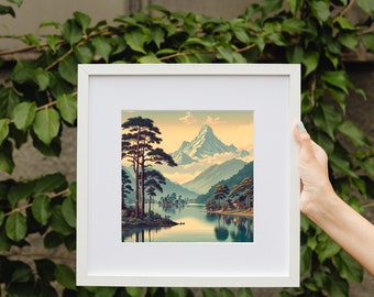 Montagnes avec lac et arbres au Népal | Téléchargement instantané d'art numérique | Illustration mignonne d'art | Impression numérique à télécharger en cadeau